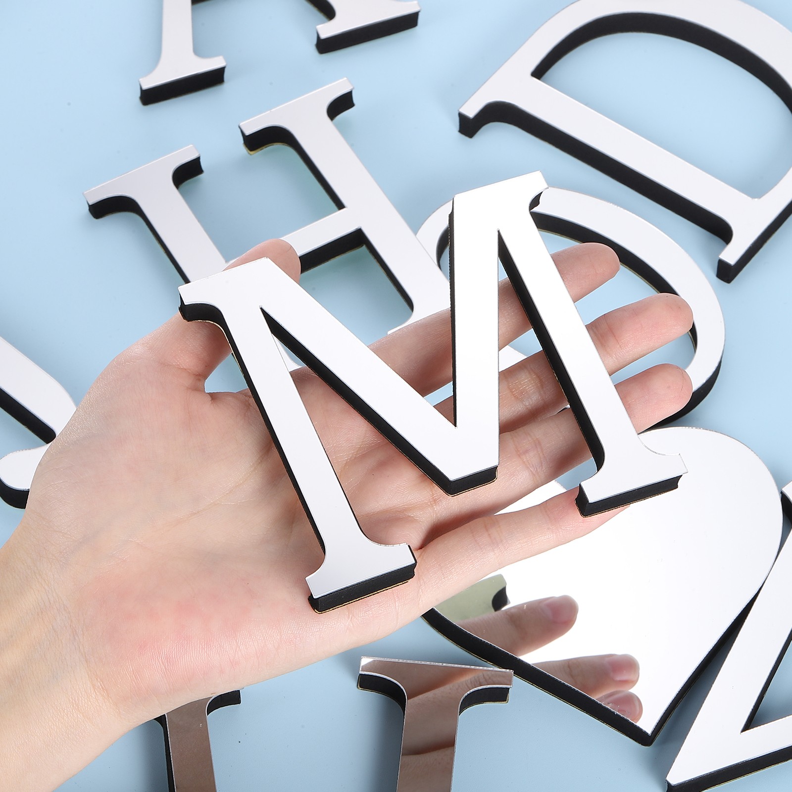 3D Acrylic Alphabet Mirror Wall Sticker Letter M Self-Adhesive Silver Tone