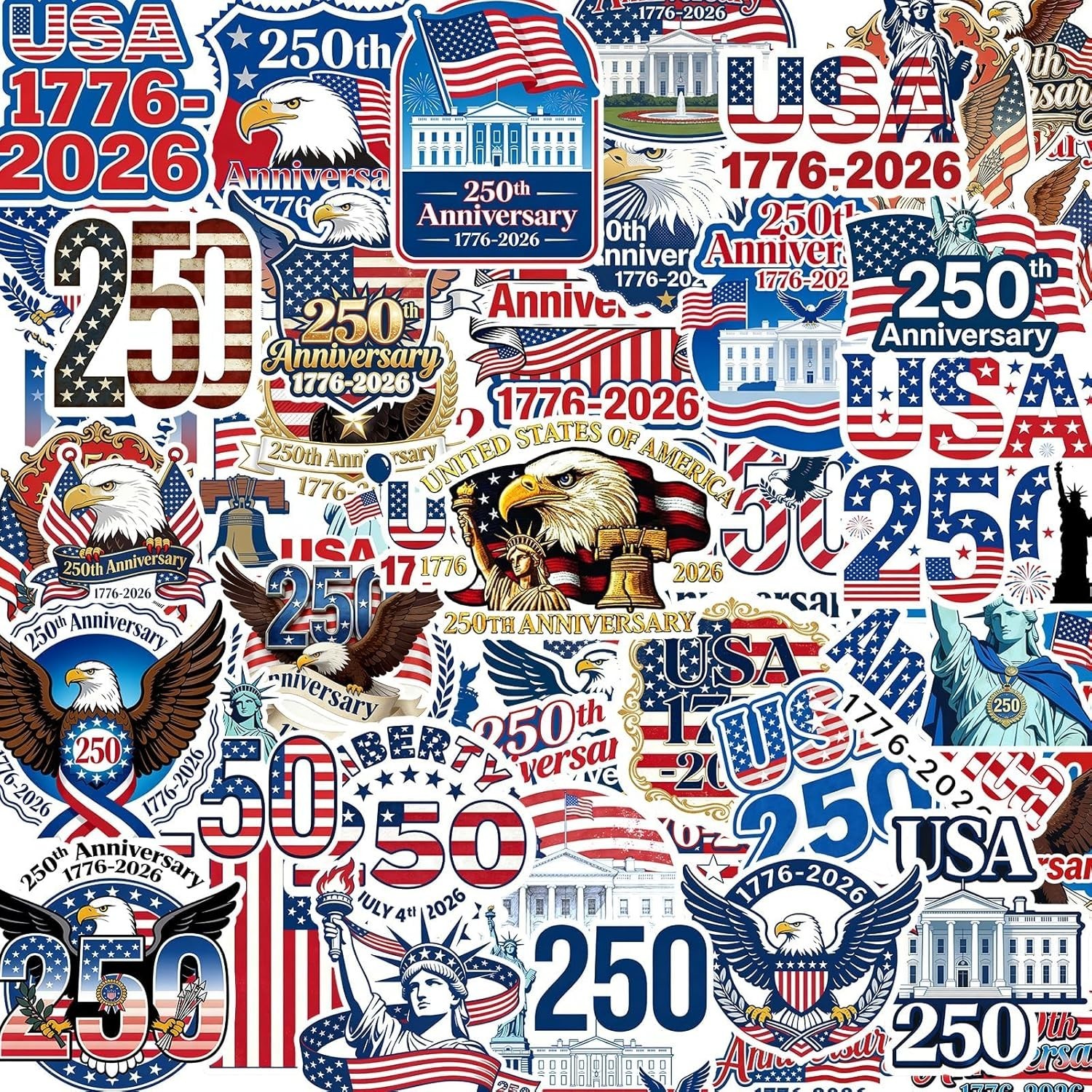 50Pcs 250th Anniversary Sticker USA 250 Years of Freedom Anniversary Waterproof