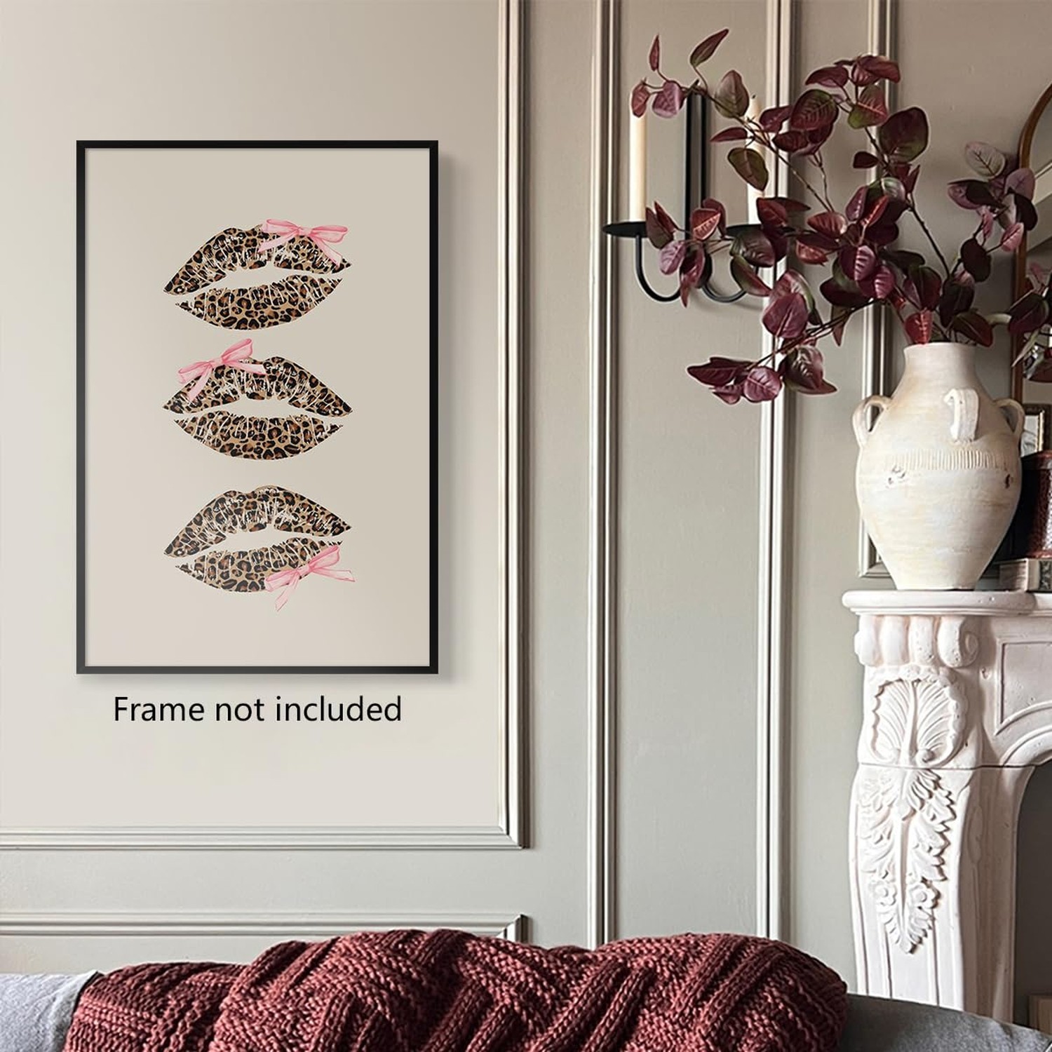 nghtuiyocw Leopard Kiss Lips Canvas Wall Art, Pink Bows Aesthetic Poster, Tre…