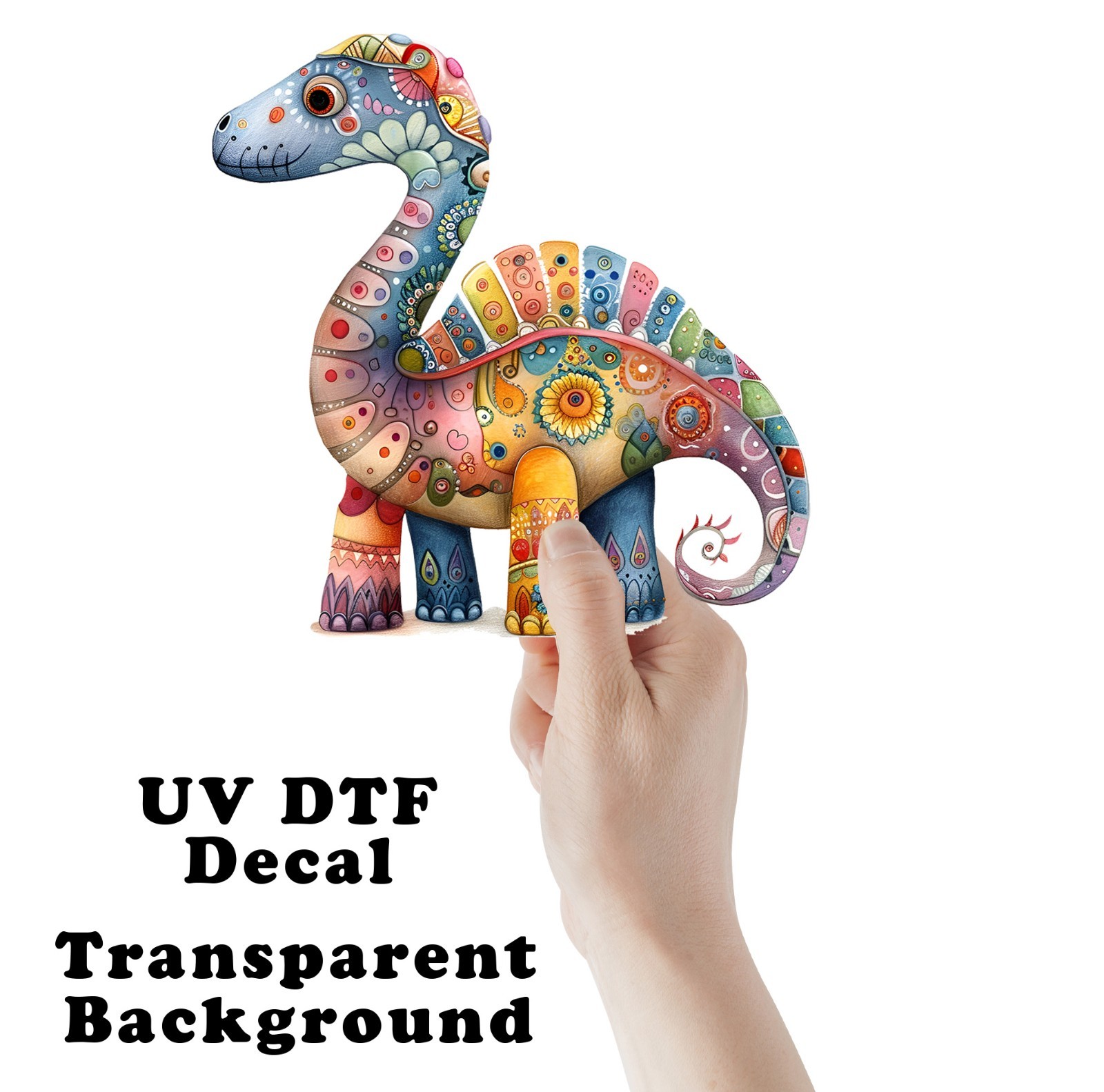 Colorful Folk Art Dinosaur UV DTF Transparent Sticker / Decal