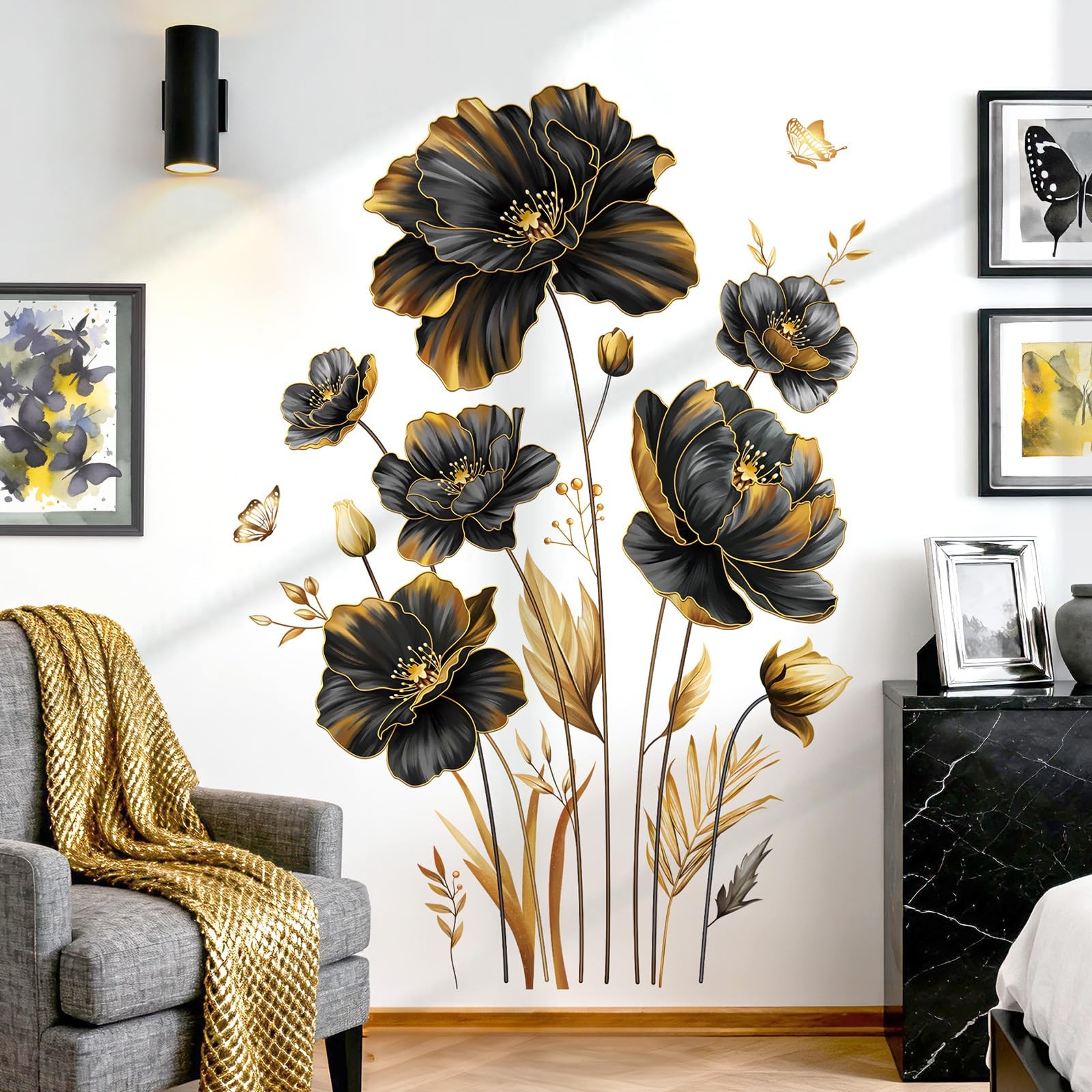 Large Black Gold Flower Wall Stickers Floral Gold Leaves Plants Butterfly Wal…