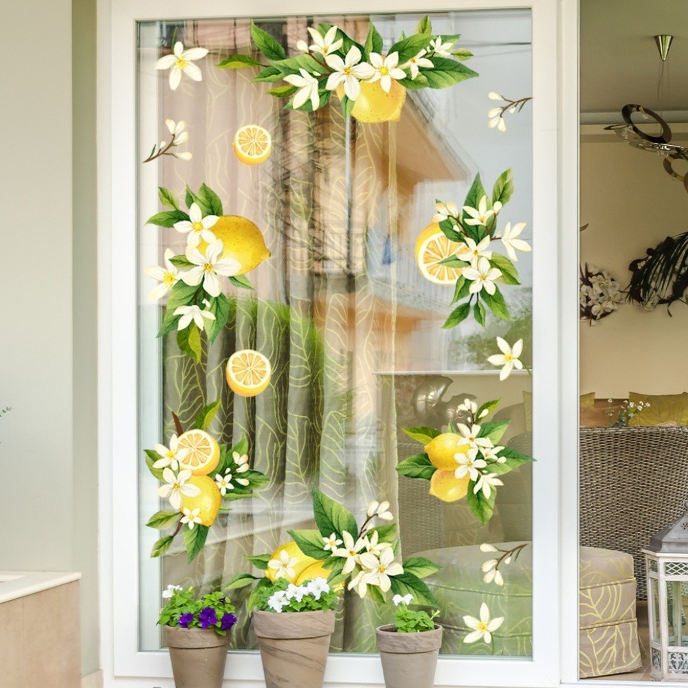 Modern Minimalist Lemon Flower Static Cling for Windows Doors and Smooth Walls