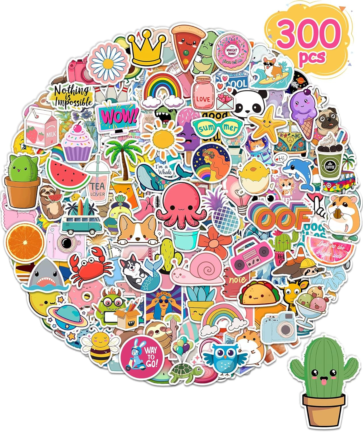 300 Pcs Stickers for Kids, Cute Water Bottle Vinyl Waterproof Laptop Stickers fo