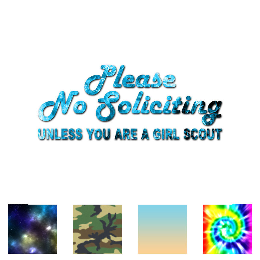 No Soliciting Girl Scout- Decal Sticker – Multiple Patterns & Sizes – ebn484