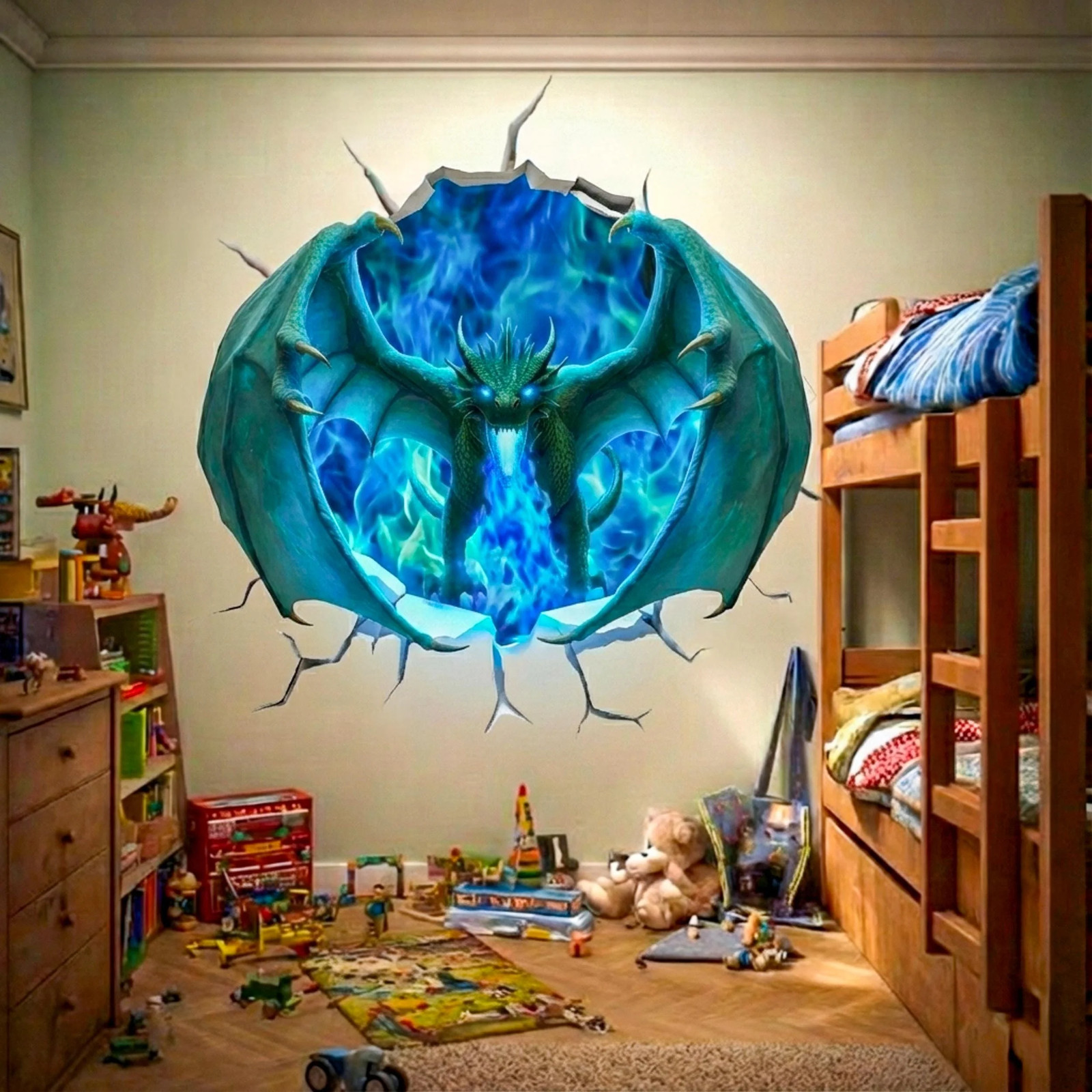 3D Blue Fire Dragon Wall Decal | Epic Fantasy Portal Mural for Teen Boys Room