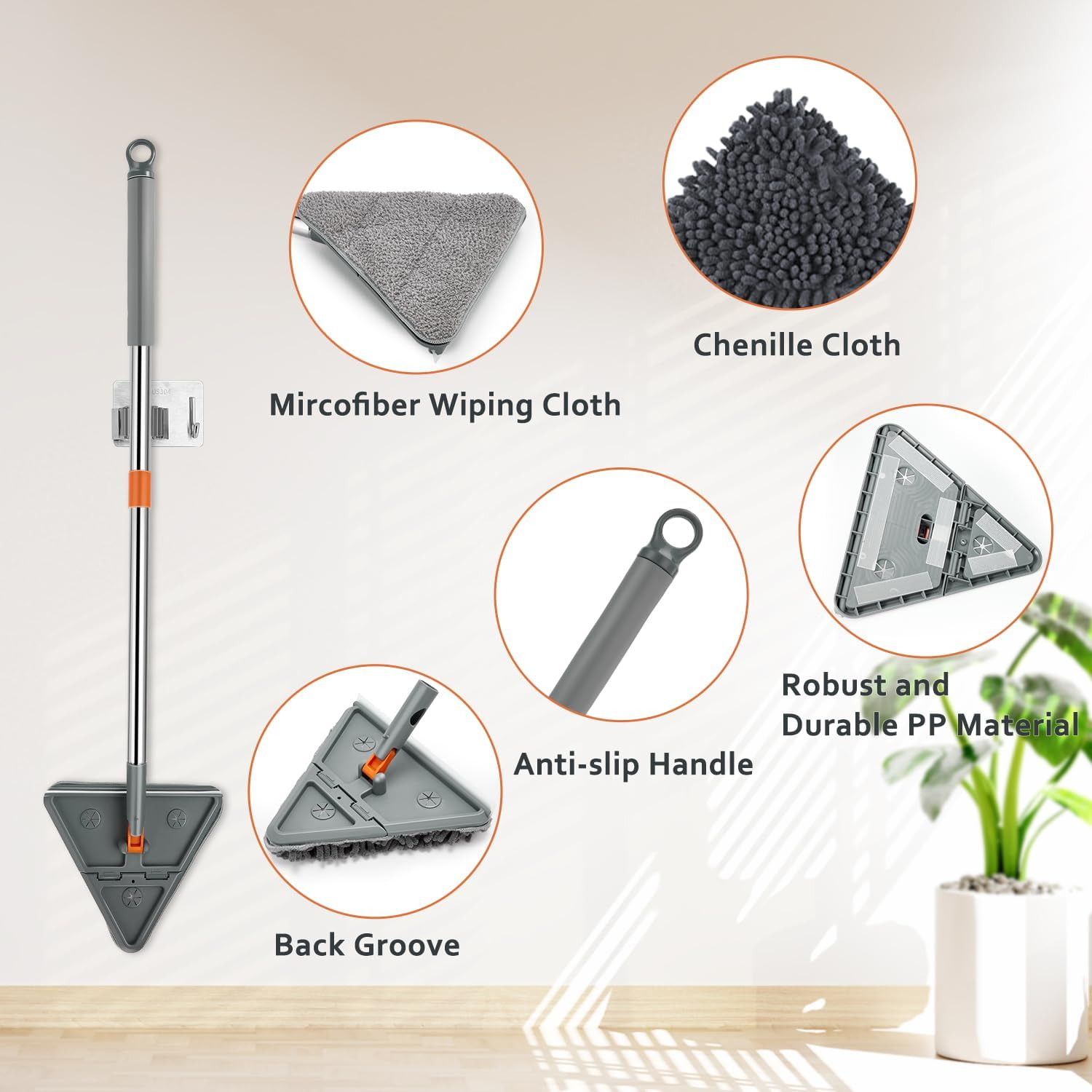 Wall & Base Board Cleaner Tool with 360°Rotating Mop Head, 180°Folding Design fo