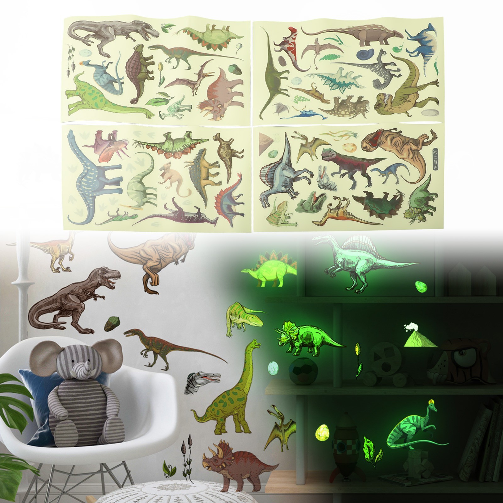 Wall Stickers Wall Decals 21x29cm 4 Sheets Dinosaur Decor Glow In The Dark