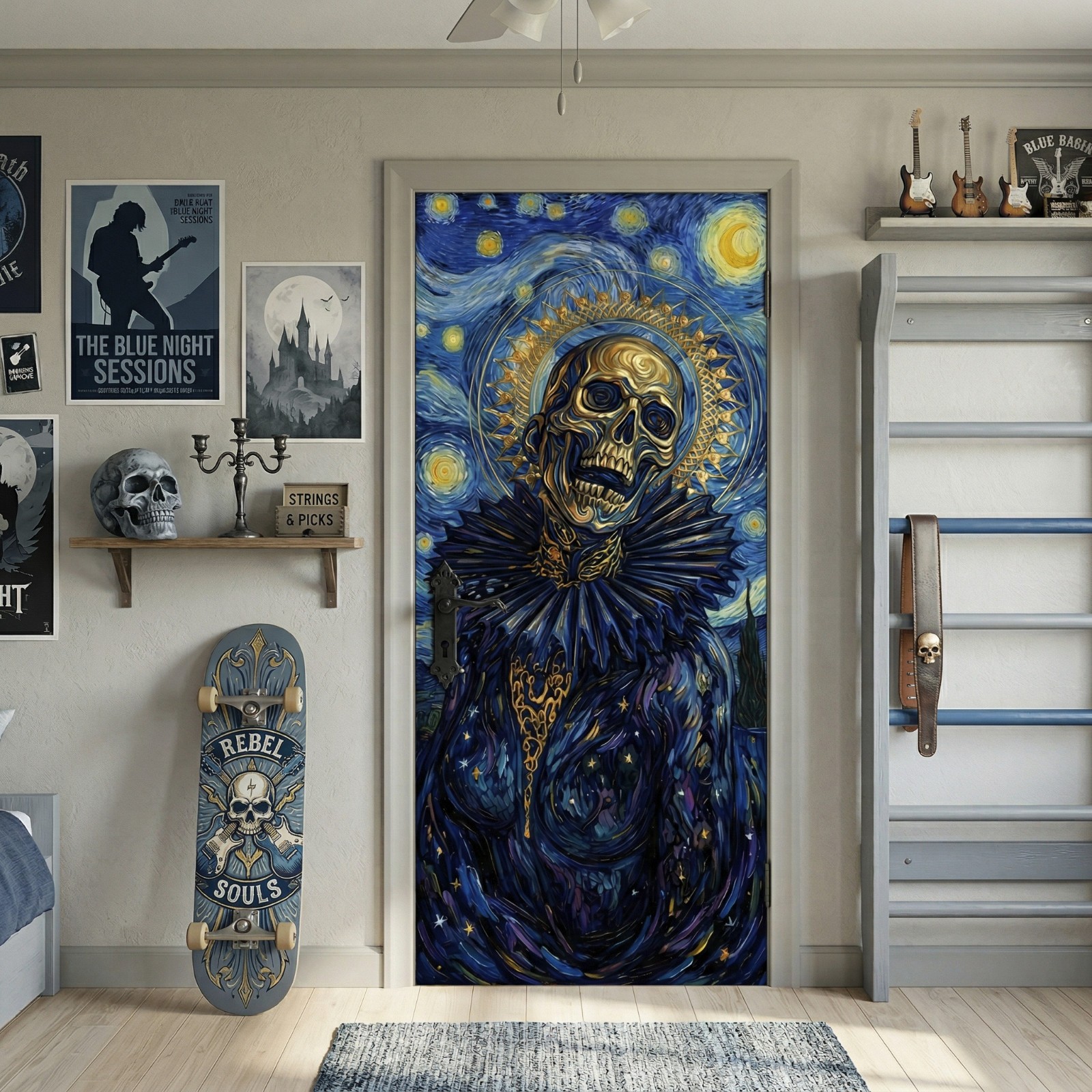 Darkness in Van Gogh’s Starry Night Door Wrap, 1-piece Laminated Sticker Mural