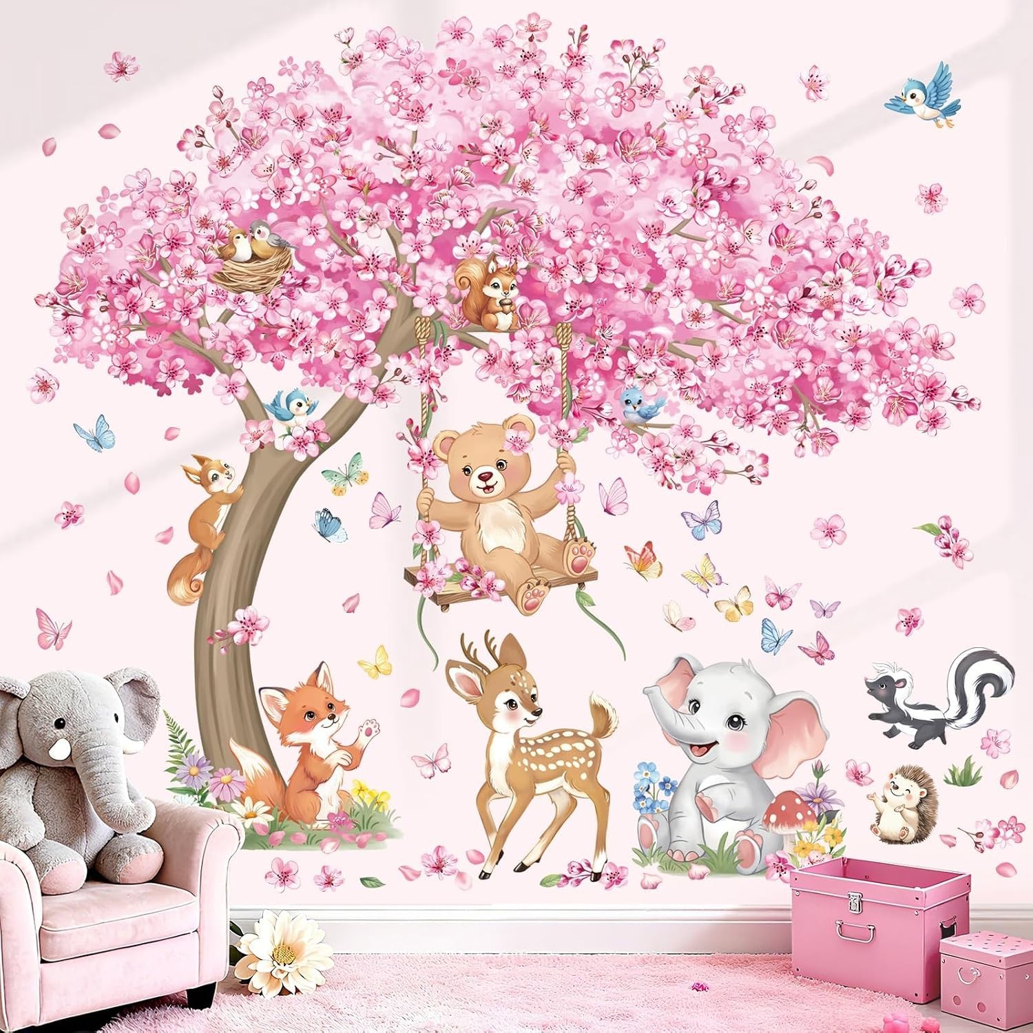 Pink Cherry Blossom Tree Animals Bear Wall Decals Stickers XL