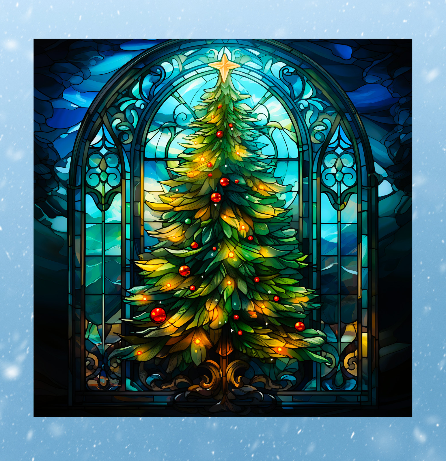 Christmas Tree Faux Stained Glass WINDOW CLING Size 8″ Square Vinyl