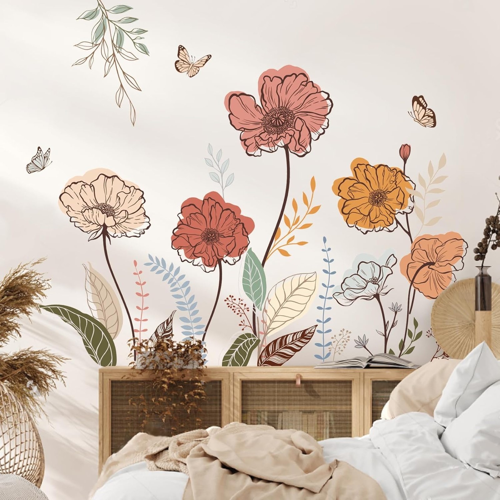 Boho Flower Wall Stickers Floral Grass Peel and Stick Wall Art Decals for Living