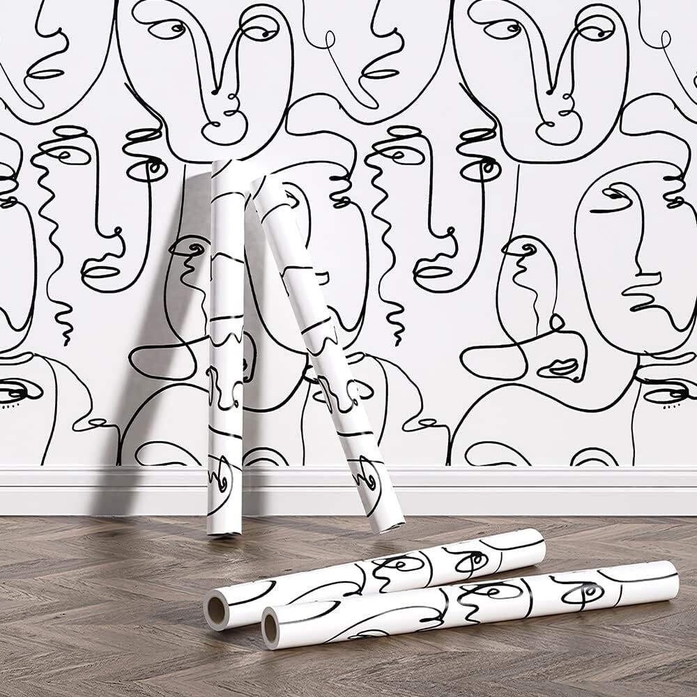 Modern Peel and Stick Abstract Line Face Wallpaper for Art Wall Black/White