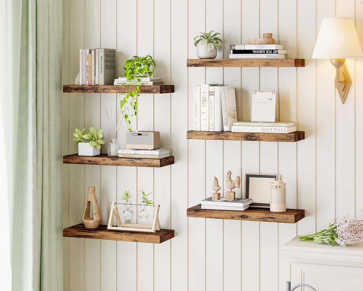 15.8in Floating Shelves, Set of 6 Wood Shelves, Farmhouse Shelf Wall Decor for B