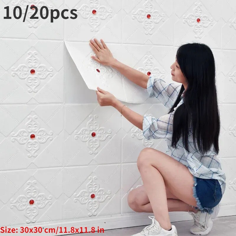 10/20pcs Self-Adhesive Foam Wallpaper 3D Enchased Pattern Wall Sticker Home DIY