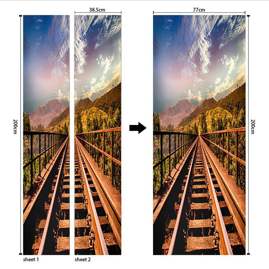3D Wall Art Sunny Sky Railway Door Sticker PVC Decal Self-adhesive Wrap Mural