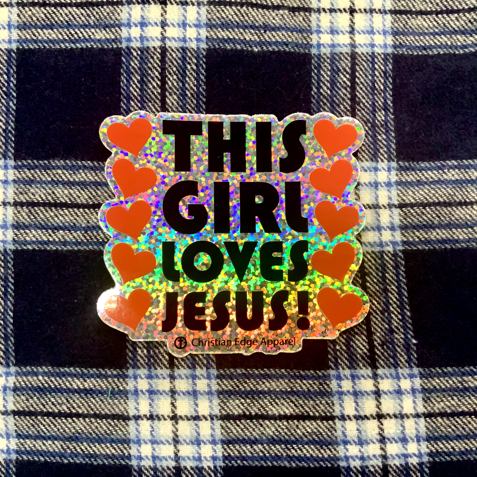 This Girl Loves Jesus Glitter Vinyl Sticker 3” CEA Red Heart Christ Bible Bottle