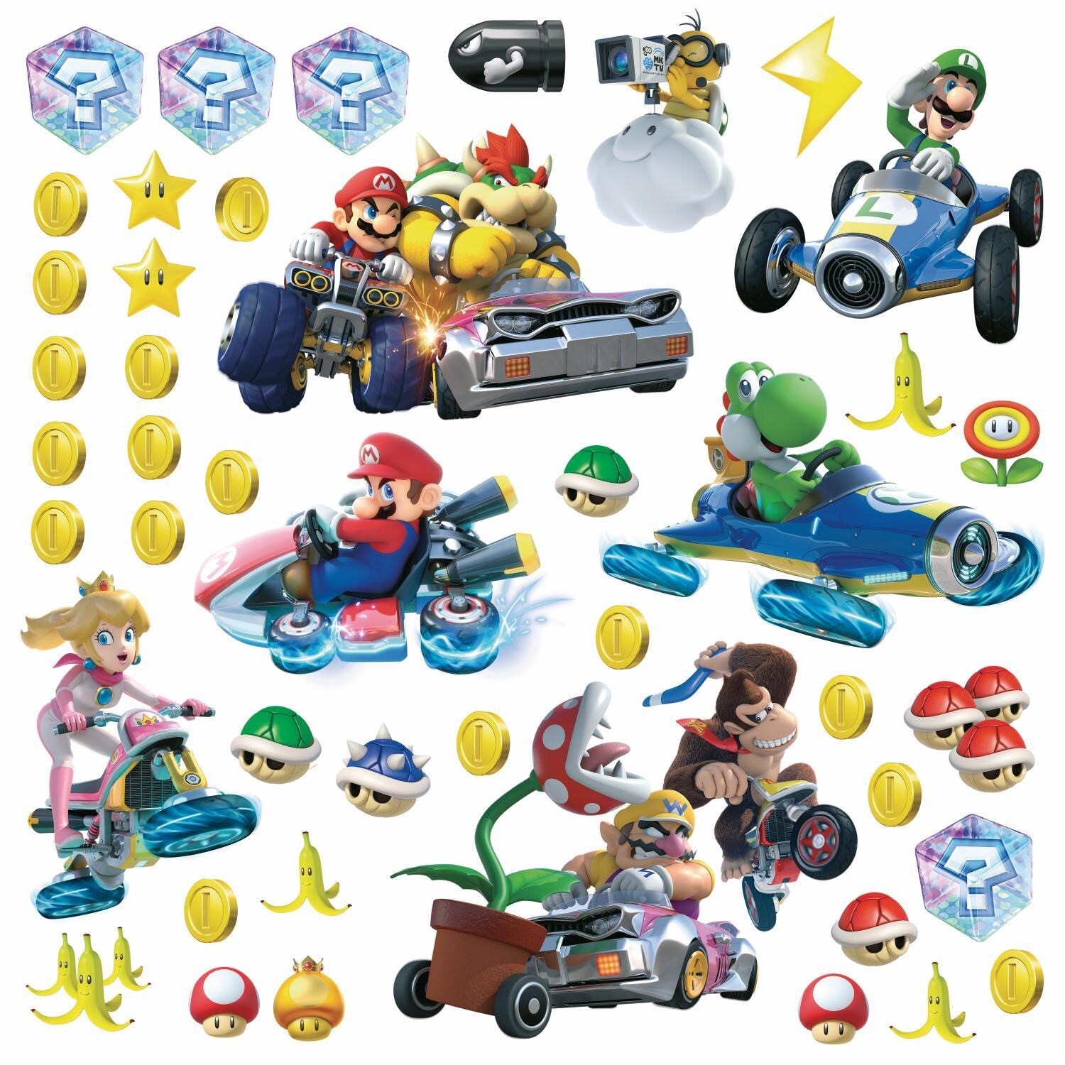 44 New MARIO KART 8 Wall Decals Nintendo Luigi Peach Yoshi Bowser Stickers Decor