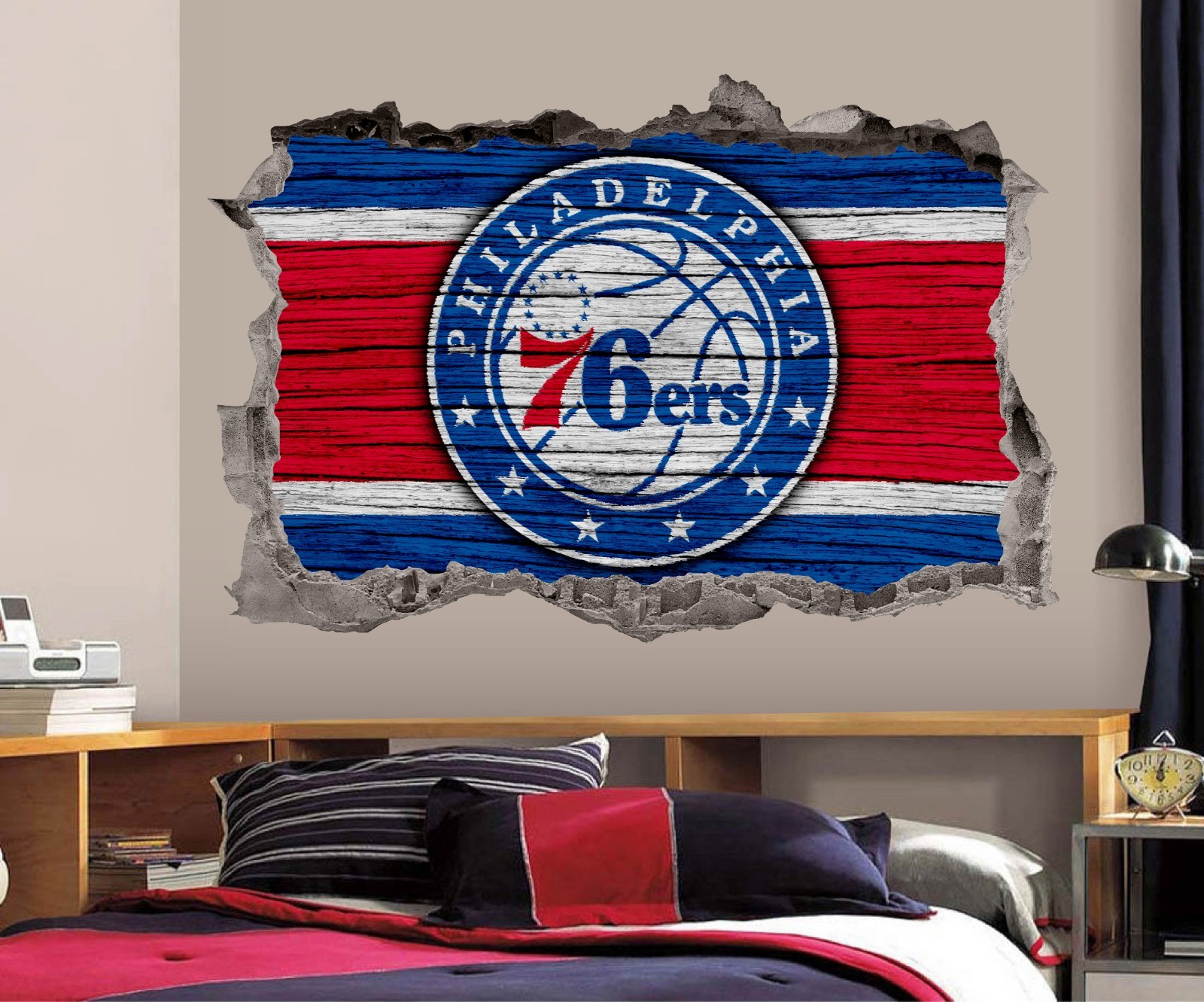 Philadelphia 76ers Wall Art Decal Logo 3D Smashed Basketball Print Decor Sticker