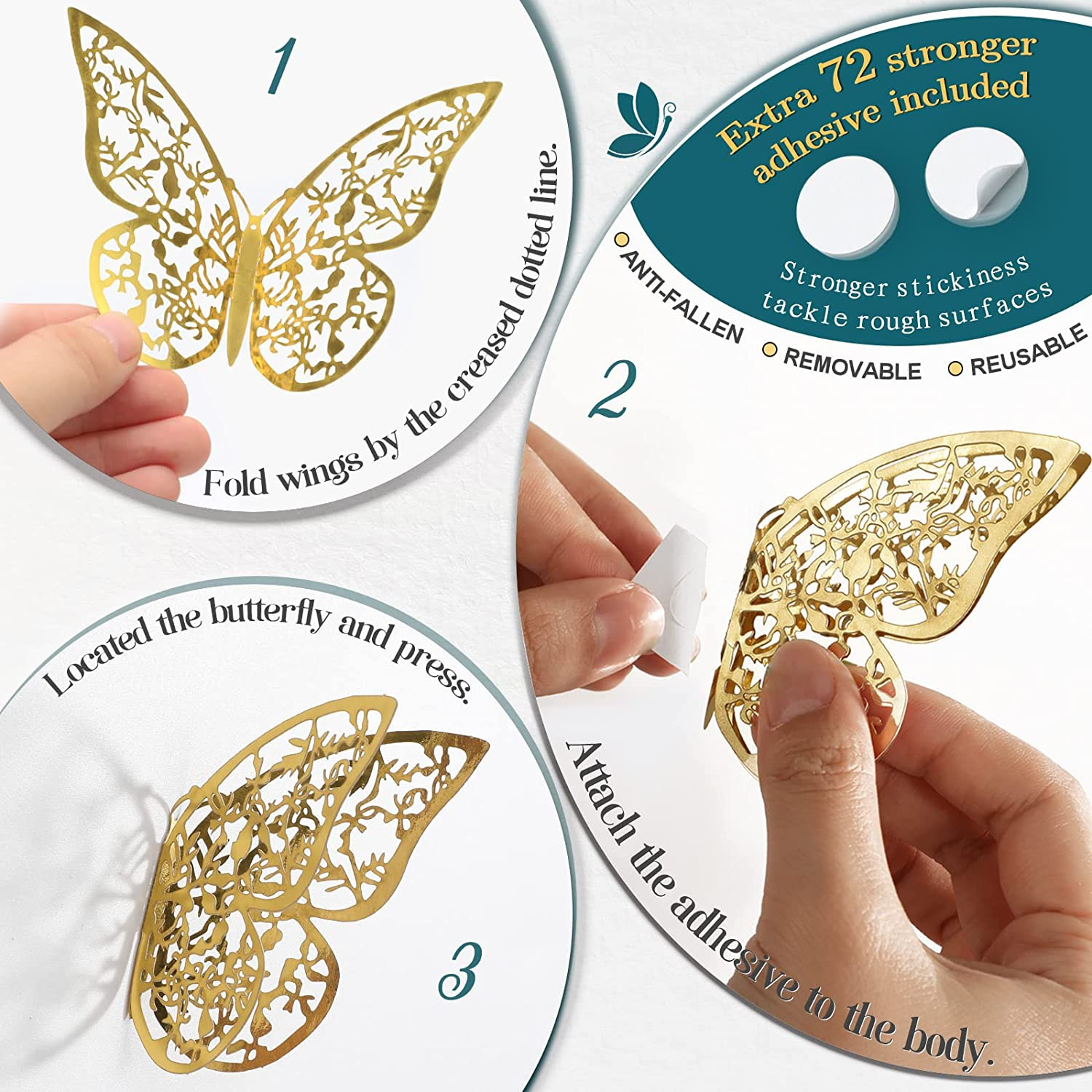 72 Pcs Butterfly Wall Decor Stickers, 6 Styles Gold Butterfly Decorations 3 Size