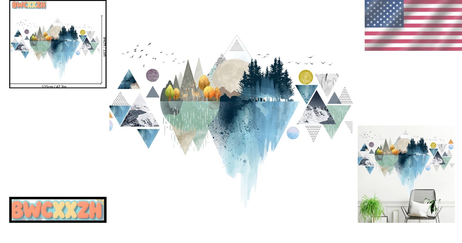 Wall Stickers Mountain Decal Geometric Removable Nursery Home Decor Blue