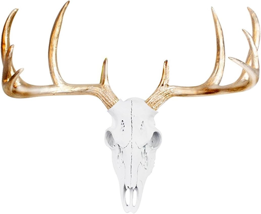 21″ Faux Deer Skull Wall Decor White Gold Antler Handmade Farmhouse Art