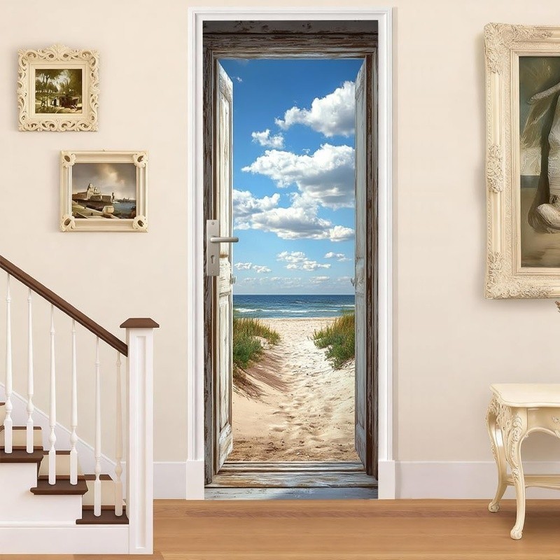 Beach Door Mural Rustic Ocean View Door Sticker Seaside Path Home Decoration New