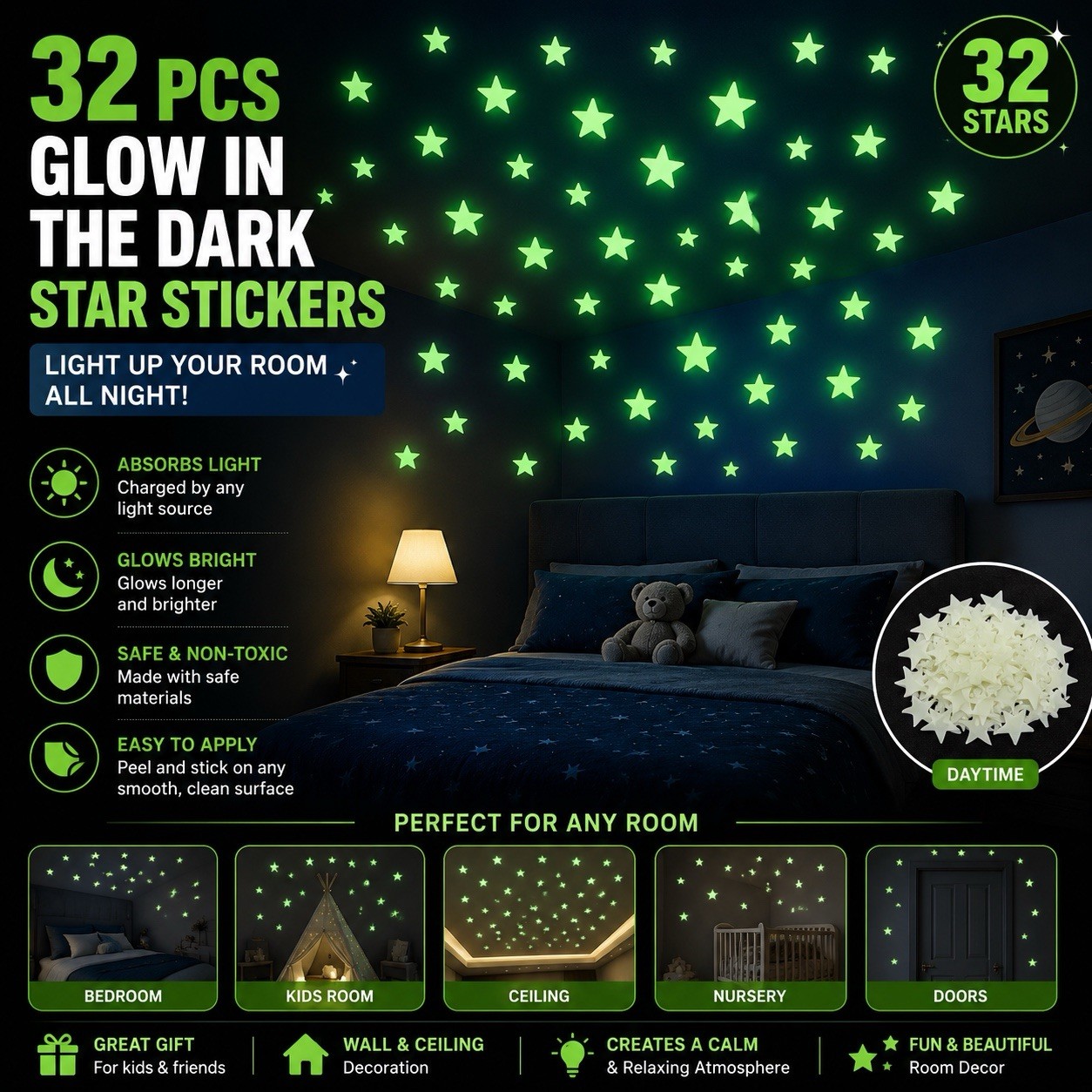 QuickNest1 32pcs Glow in the Dark Self-Adhesive Star Stickers Wall/Ceiling