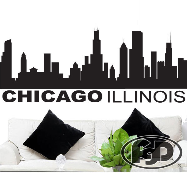 FGD Chicago City Skyline Vinyl Wall Decal / Sticker in Black or White 20″ x 48″