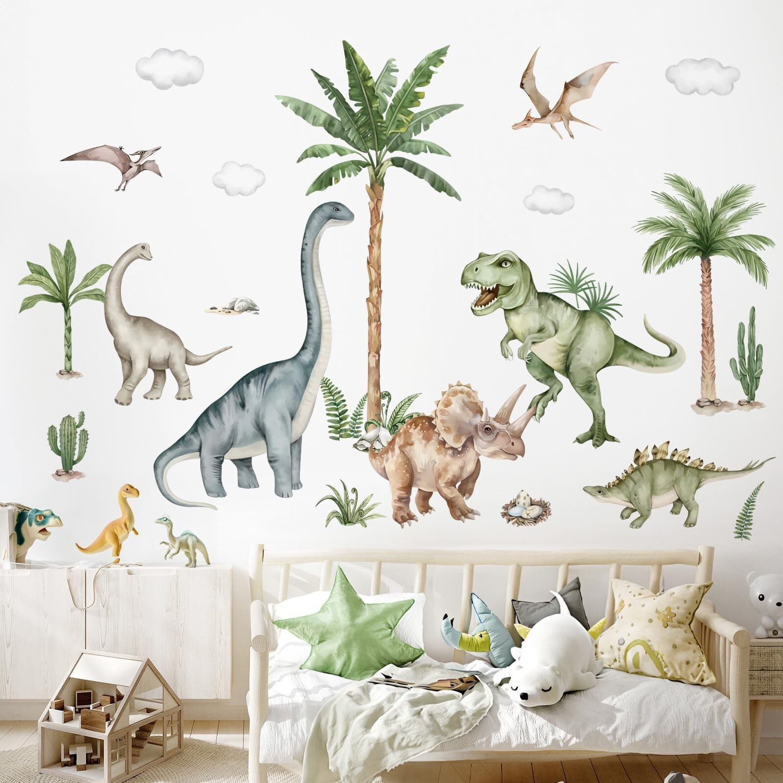 wondever Large Dinosaur Wall Stickers Tropical Animal Dino Palm Tree Plants W…