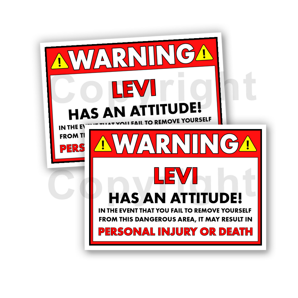 LEVI HAS AN ATTITUDE 2 Funny Warning Stickers 5″ wide orange Set of 2