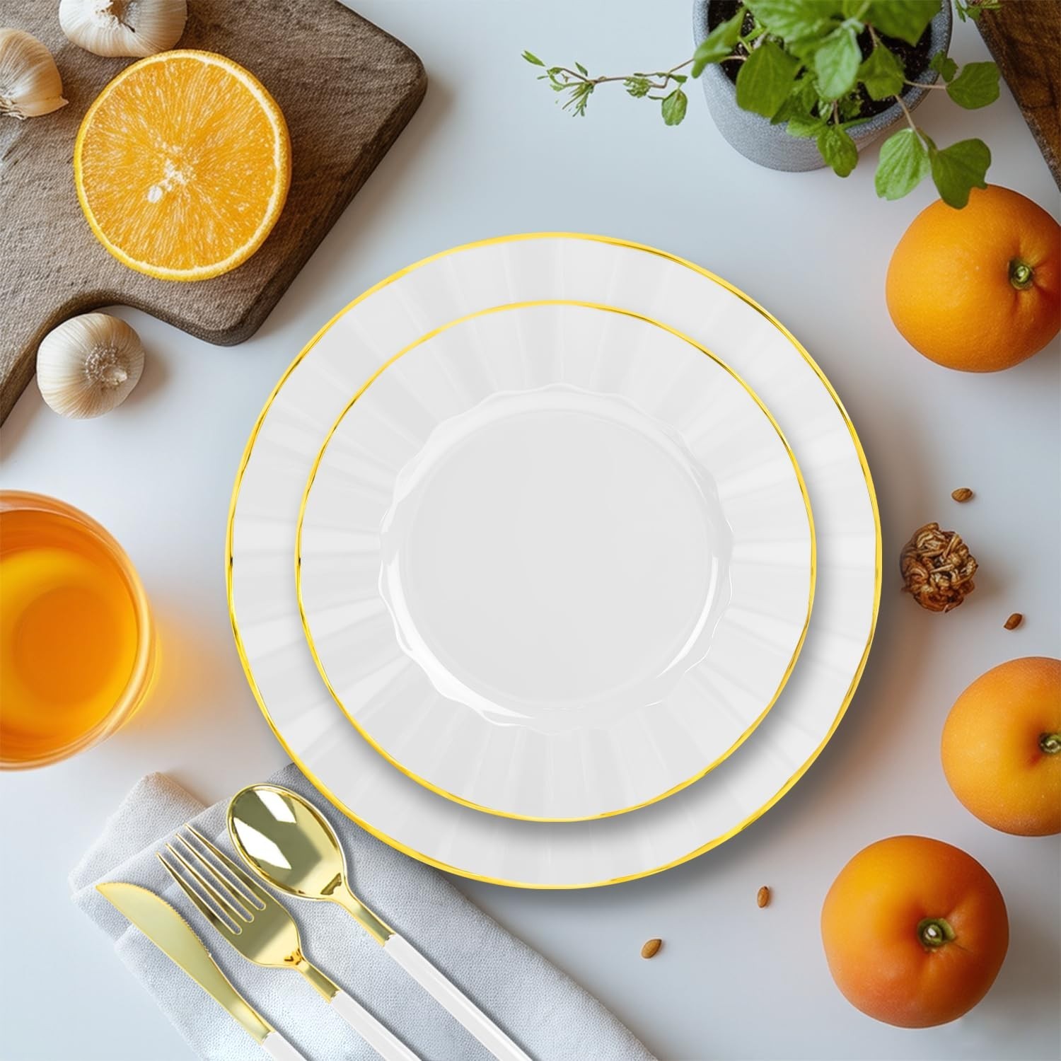 150Pcs Plastic Plates with Gold Rim,Heavy Duty White Plates for 30 Guests,Pla…