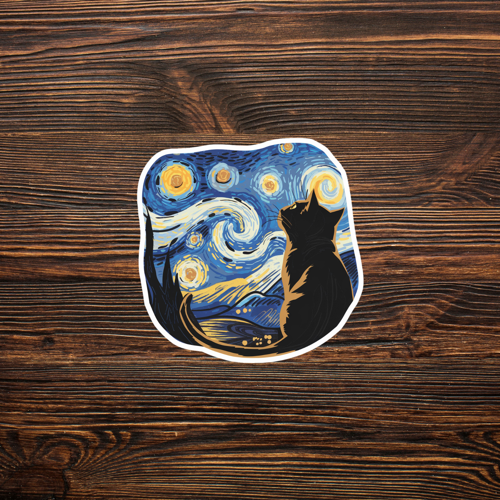 Starry Night Cat Sticker – Van Gogh Inspired Feline Art Decal #1471