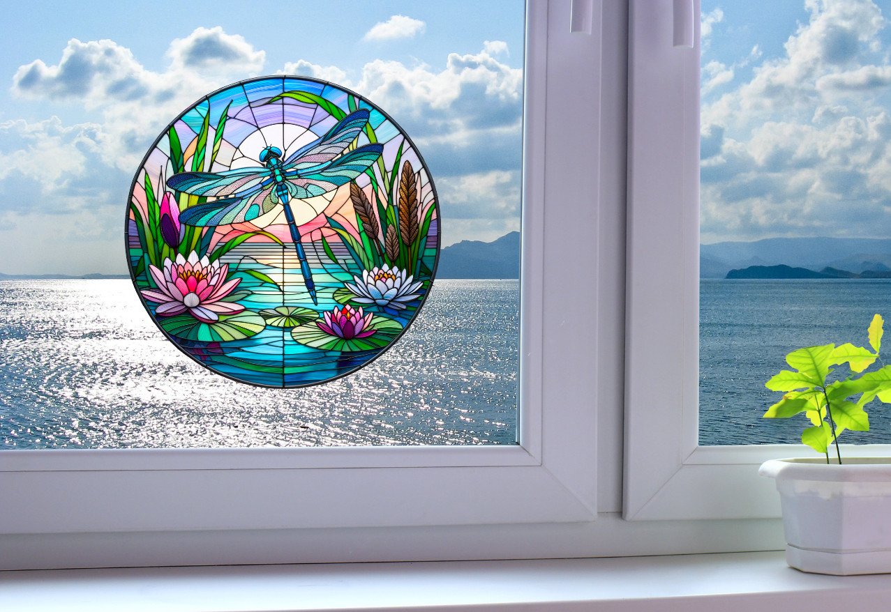 Dragonfly Water Lily Faux Stained-Glass WINDOW CLING Sun-catcher Size 8″ Round