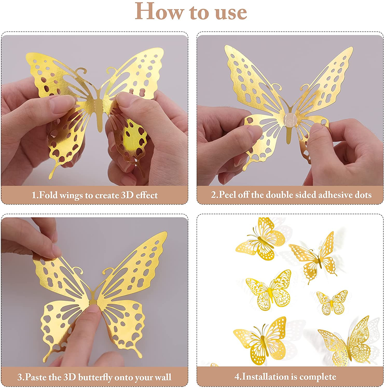 3D Butterfly Wall Decor – 48 Pcs, 4 Styles, 3 Sizes, Gold Butterfly Decorations