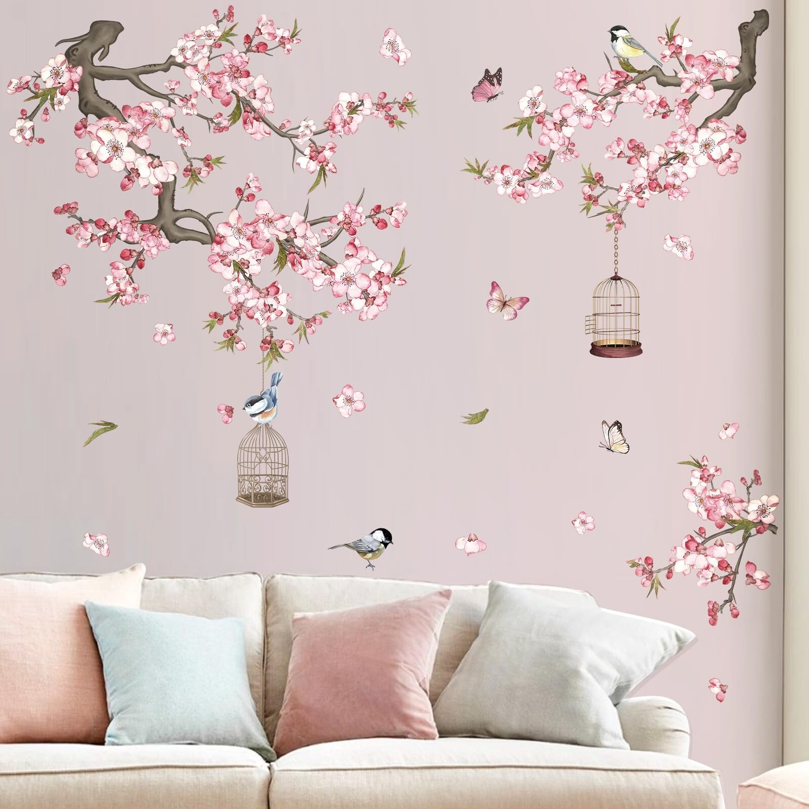 wondever Cherry Blossom Wall Stickers Pink Flowers Tree Branch Peel and Stick…