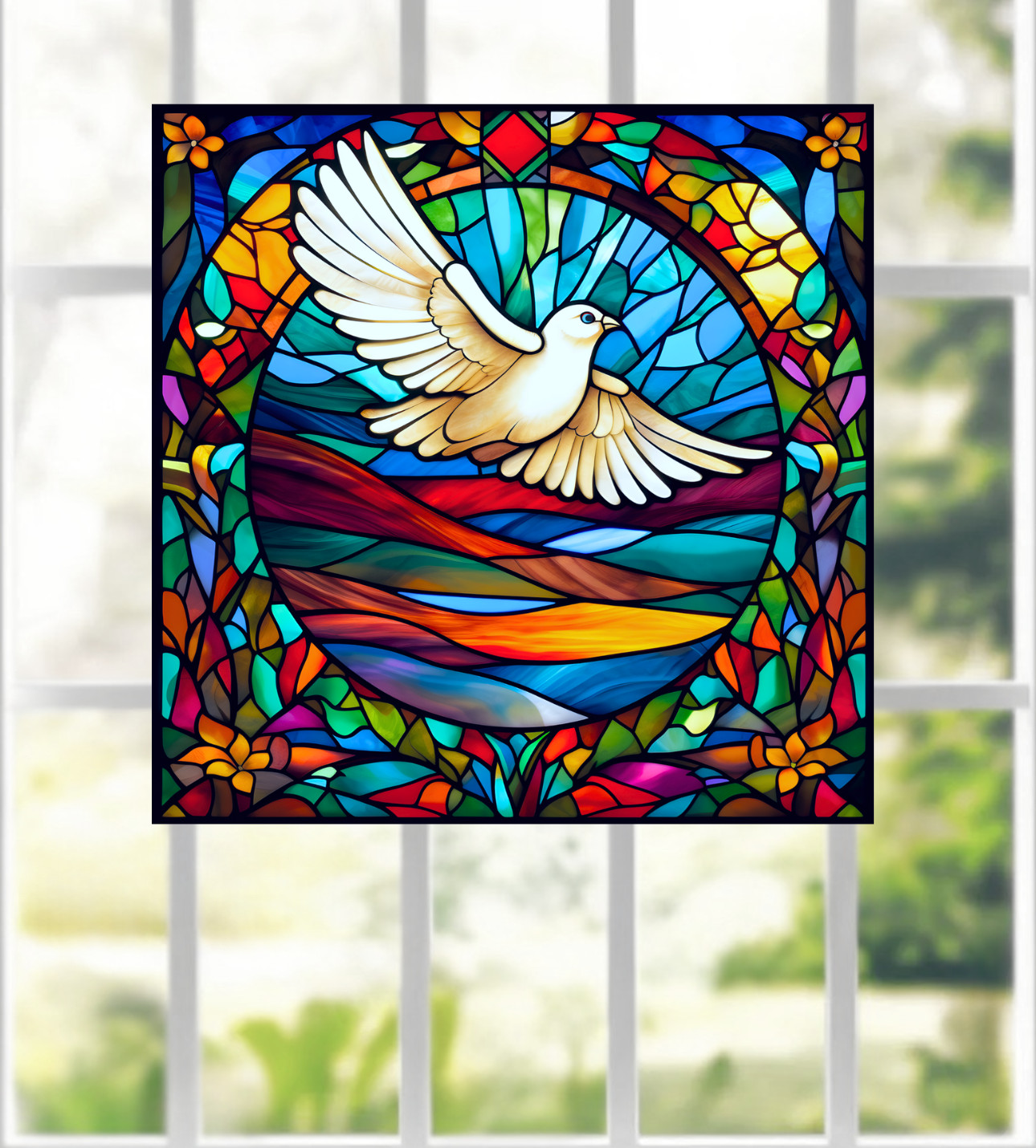 Peace Dove Faux Stained-Glass WINDOW CLING Size 8″ Repositionable Vinyl