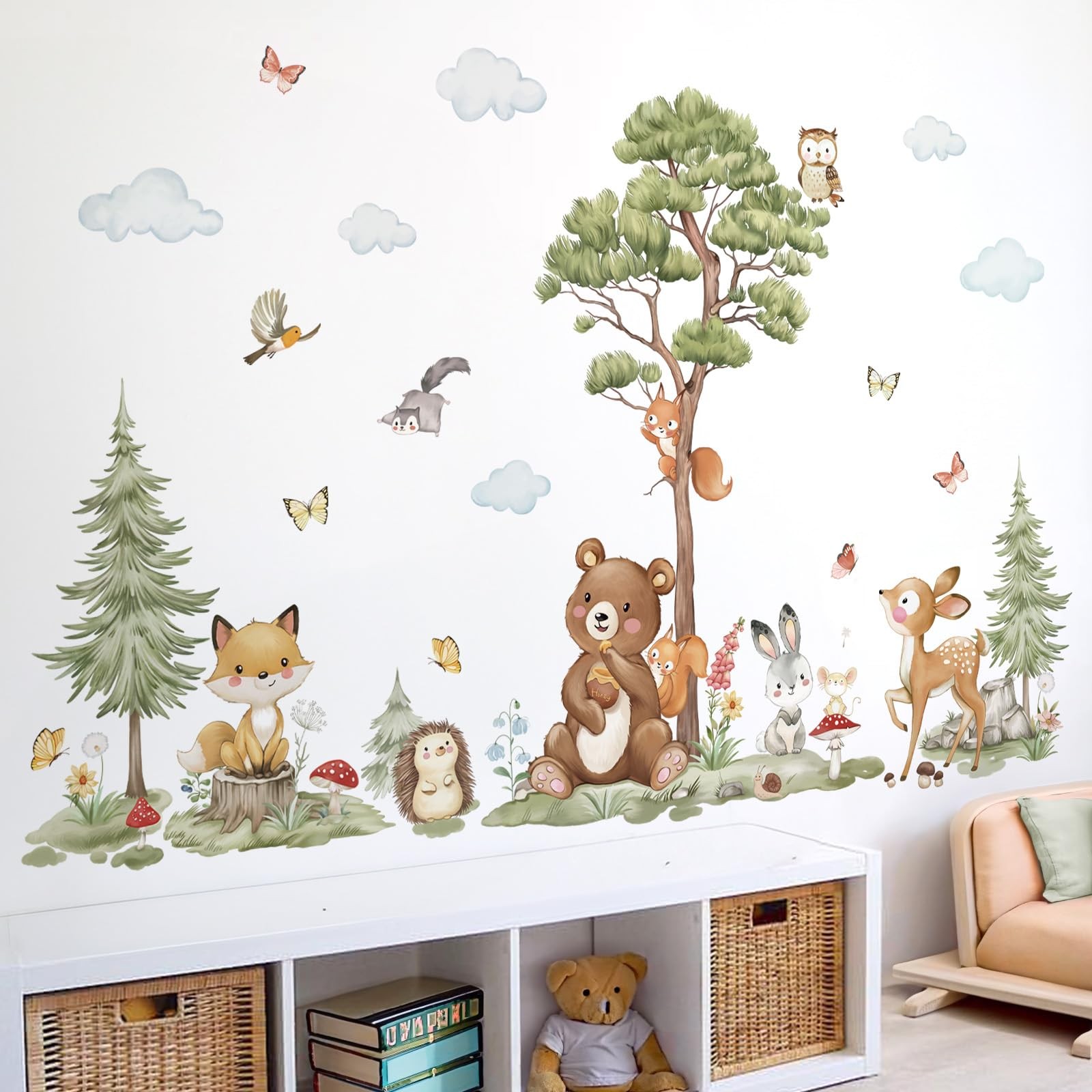 Woodland Animals Wall Stickers Large Pine Tree Forest Bear Deer Fox Peel and …