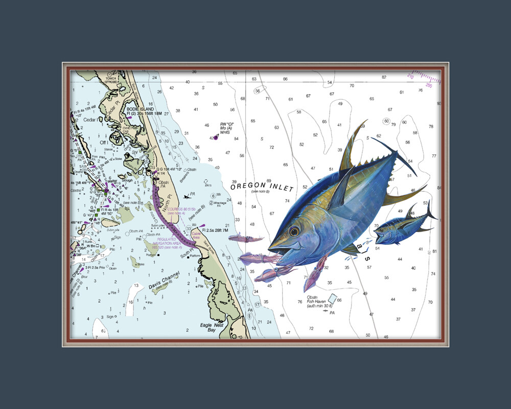 Oregon Inlet, NC and Tuna Nautical Chart High Quality Canvas Print