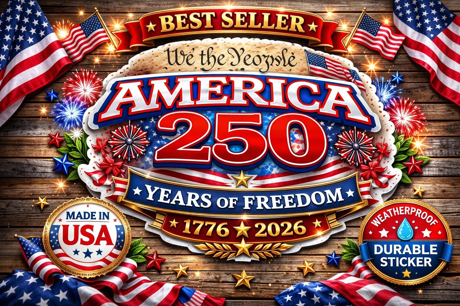 America 250 Adhesive Sticker | 1776–2026 Patriotic Decal | America’s 250 Years