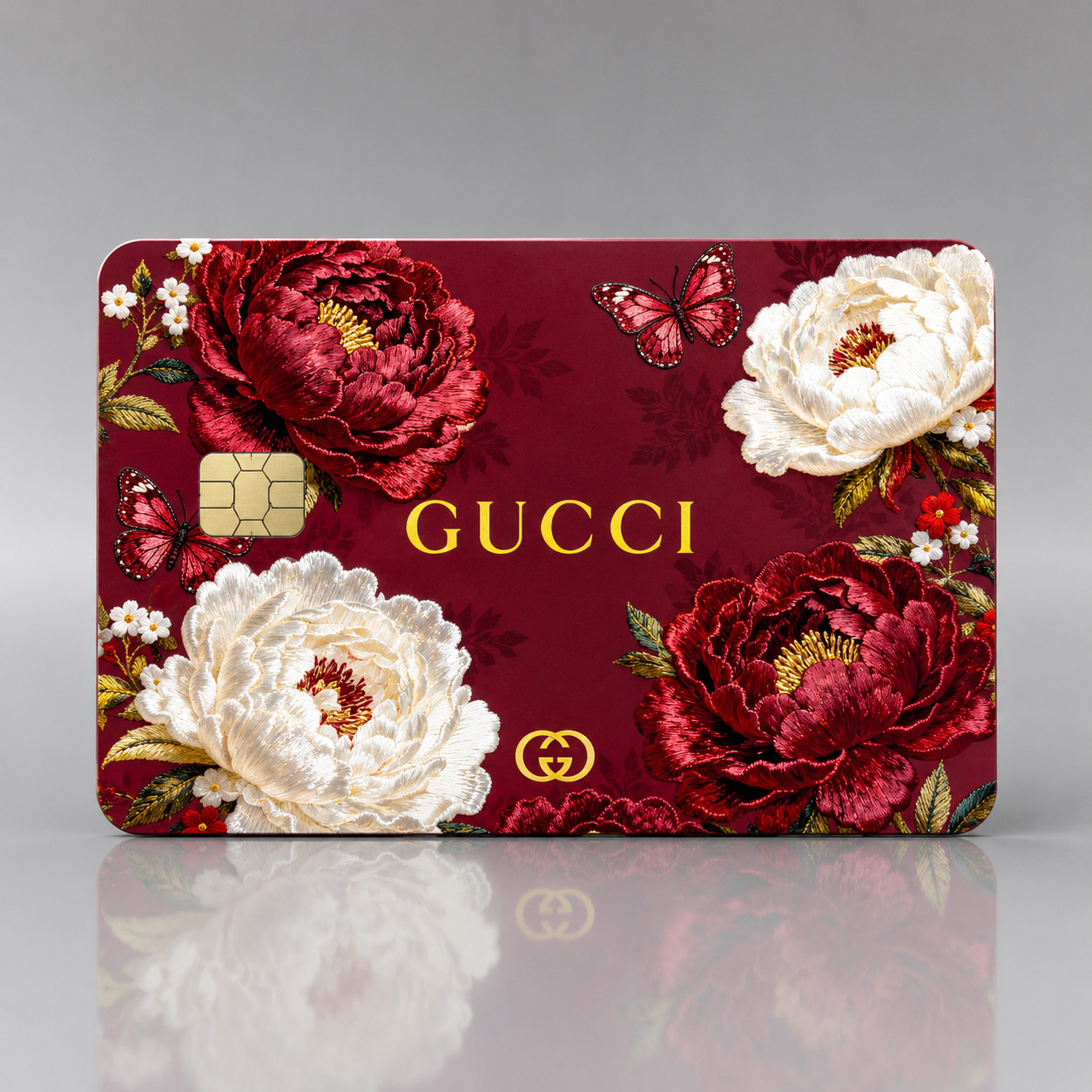 Embroidered Burgundy Peony Butterfly Luxury Designer Debit Card Credit Card Skin