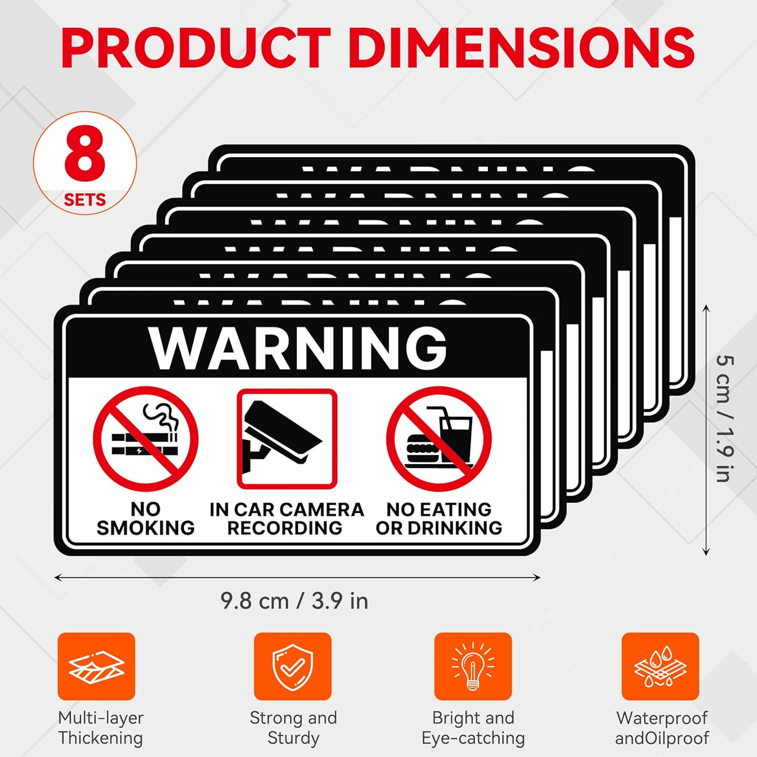 8 PCS No Smoking/No Eating/Car Camera Recording in This Vechicle Sign Sticker, W