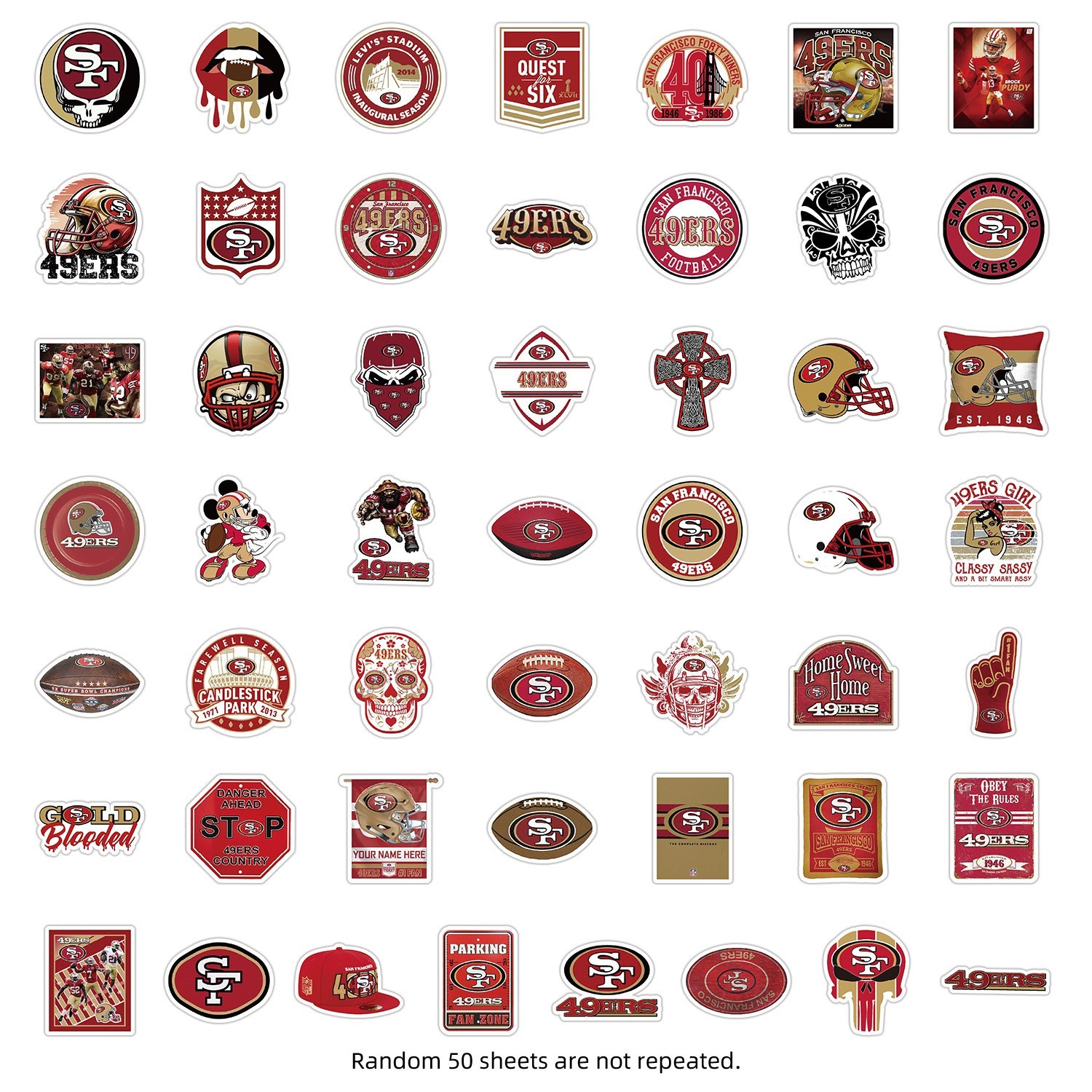 50pc SAN FRANCISCO 49’ERS INSPIRED FOOTBALL STICKERS-Tool Box, Car, Lockers