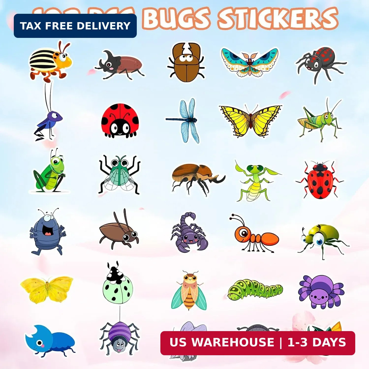 102 PCS Bugs Stickers for Kids, Spring Summer Waterproof Vinyl Sticker Pack, Nat