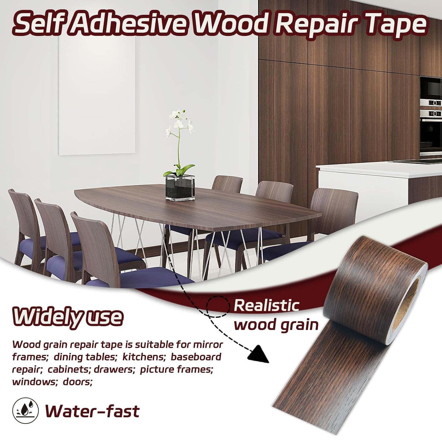 Self-Adhesive Wood Repair Tape, 2 Inch X 32 Ft Gray Wood Grain Tape for Furni…