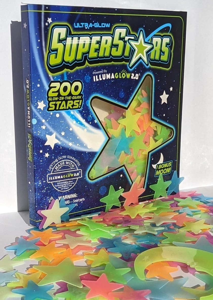 Multi-Colored Glow Stars Set – 200 Room Stickers with Bonus Moon for Kids’ Décor