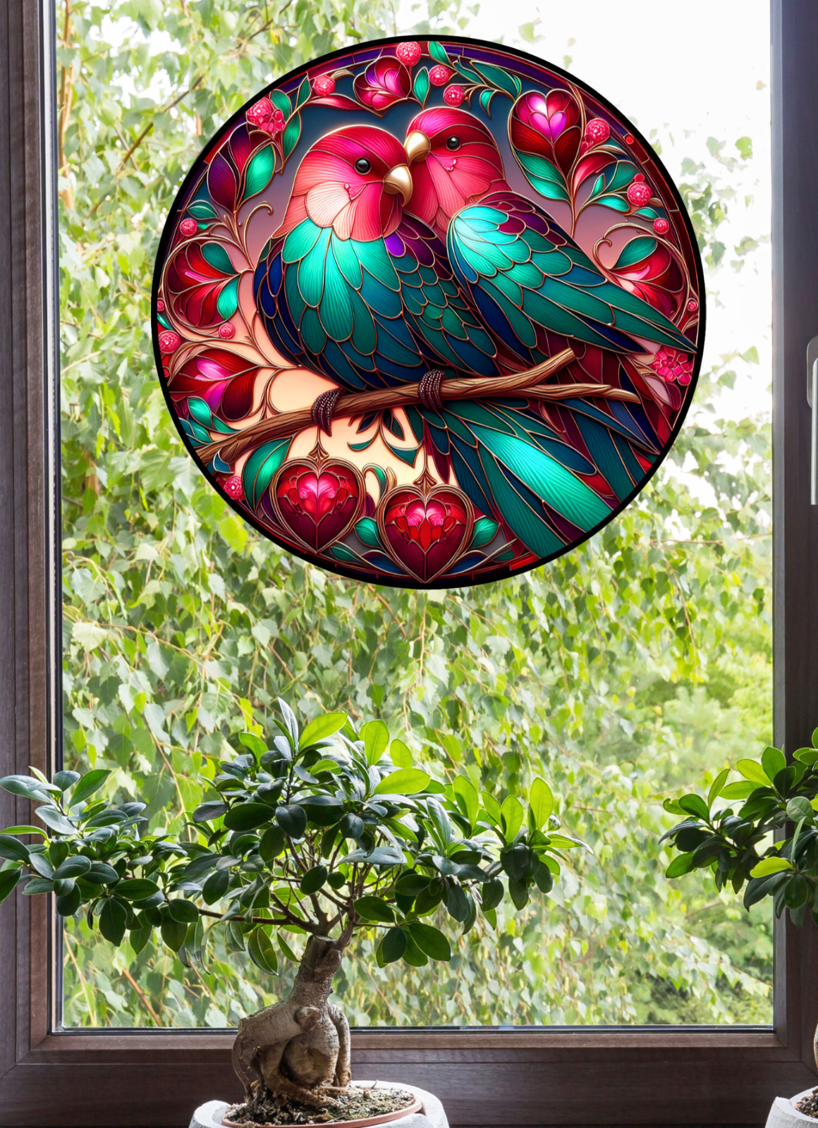 Love Birds Faux Stained-Glass Valentine WINDOW CLING Suncatcher Size 8″