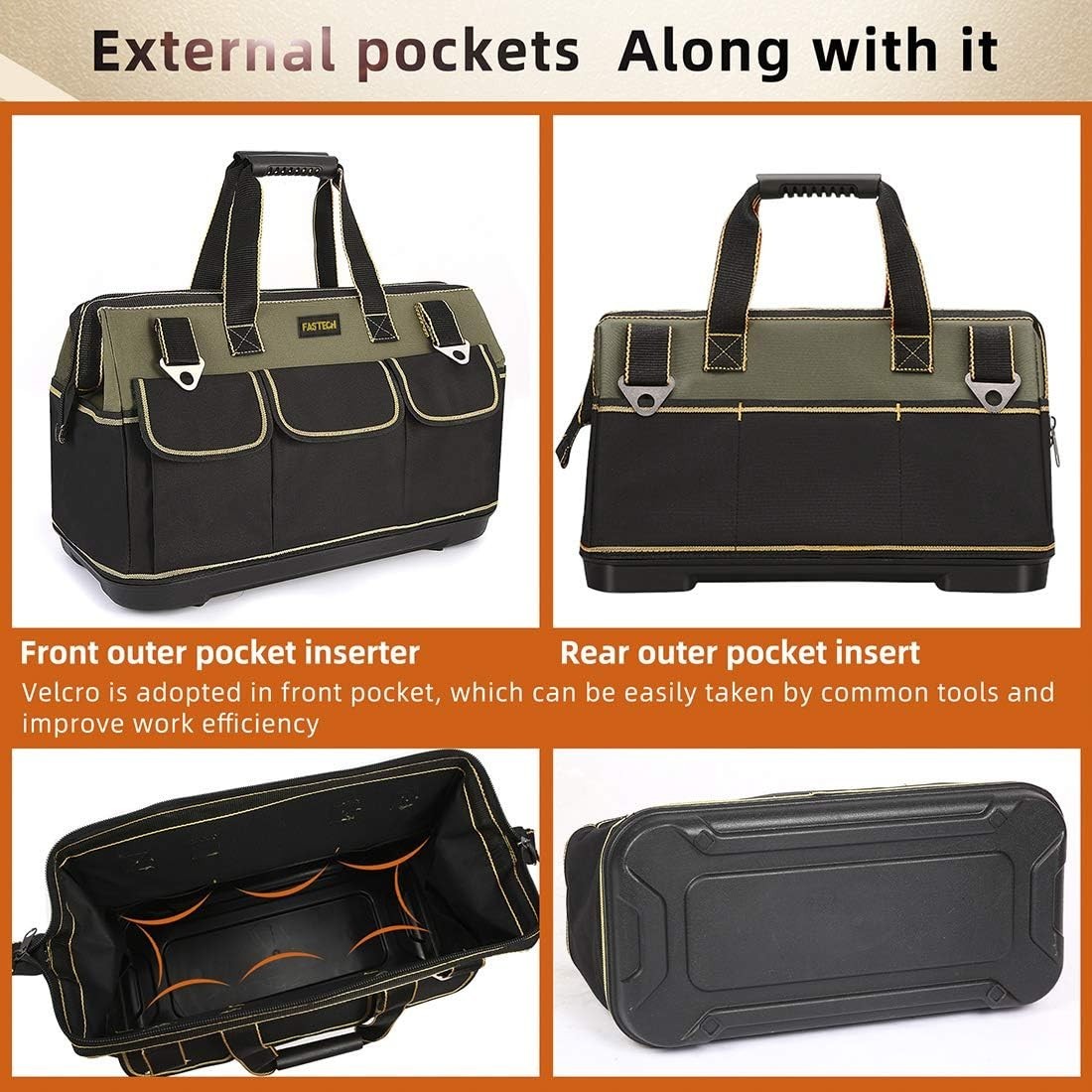 20-Inch Wide Mouth Tool Bag with Water Proof Molded Base，Wide Mouth Tool Tote Ba