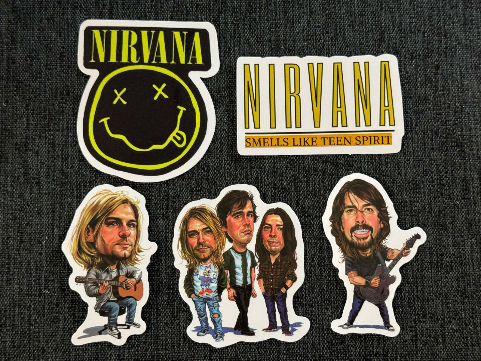 Lot of (5) Nirvana KURT COBAIN 1 1/4″ to 2 1/2″ Band Caricature STICKERS Fast!