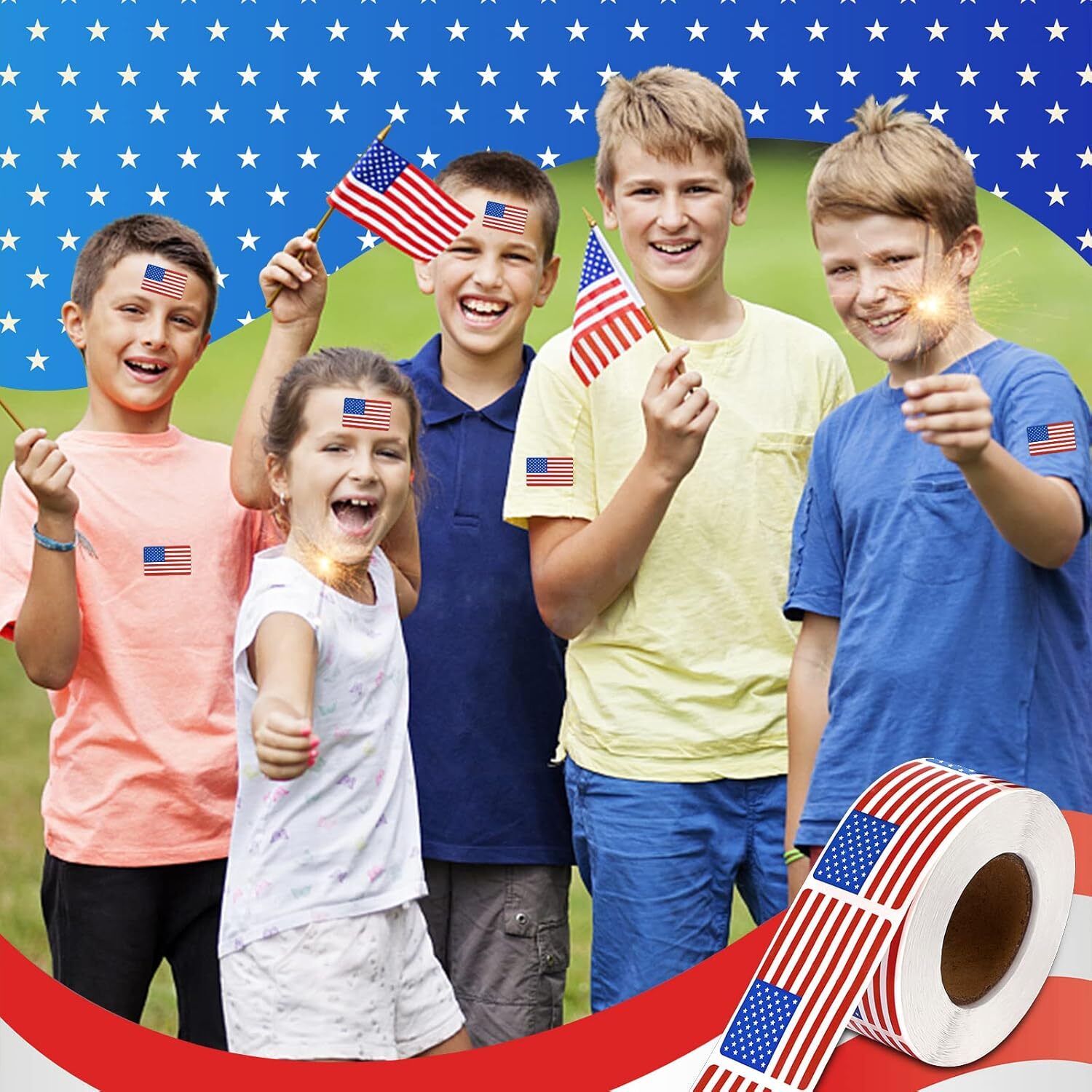 500 Pcs American Flag Sticker Roll,2 X 1.22 Inch US Flag Decal, USA Patri