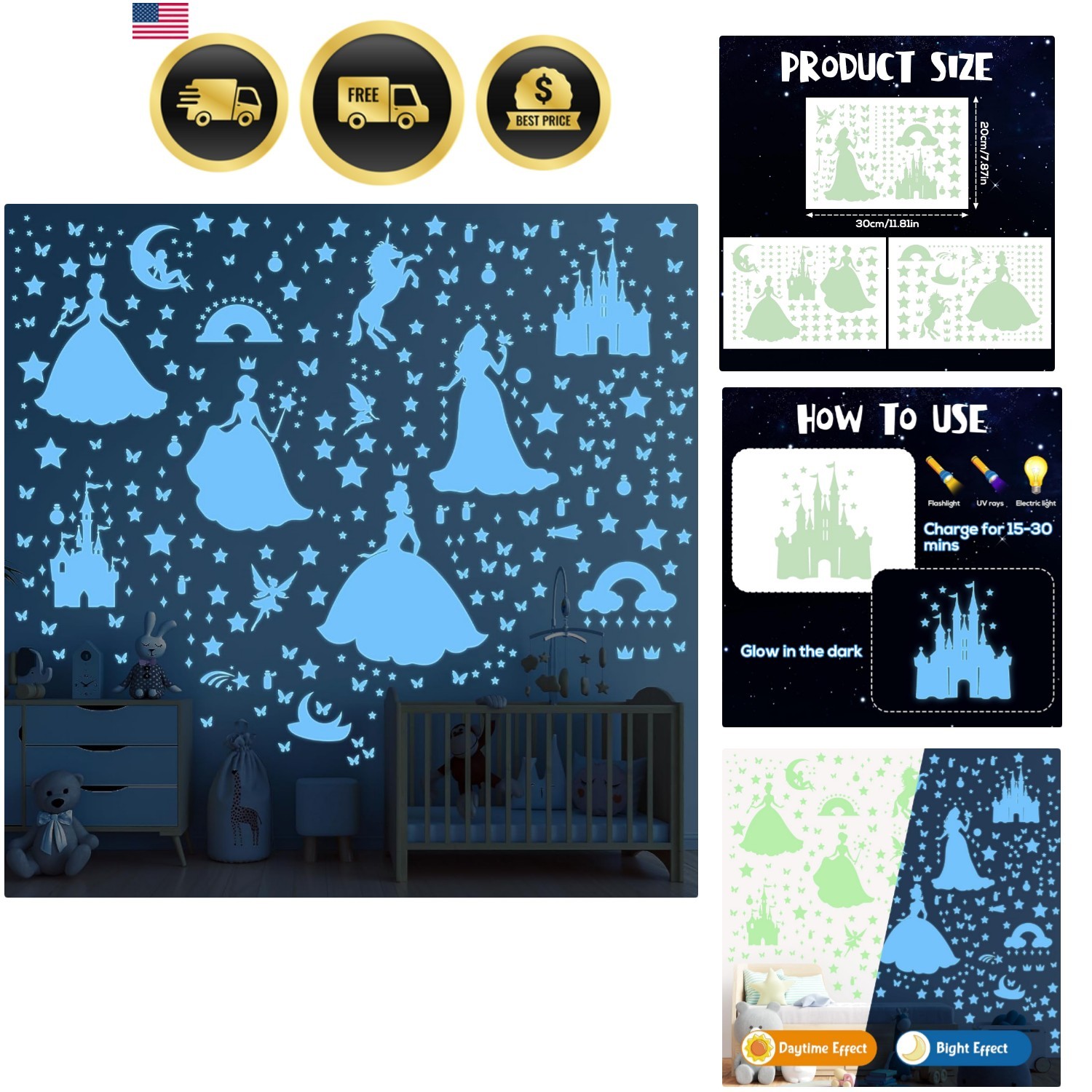 Glow in The Dark Stars for Ceiling Wall Decals Kids Room Decor Reusable